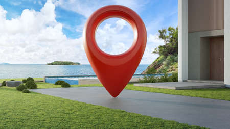 Luxury beach house with location pin icon on concrete road in real estate sale or property investment concept. Buying land for new home. 3d illustration of big red map pointer symbol near building.の写真素材