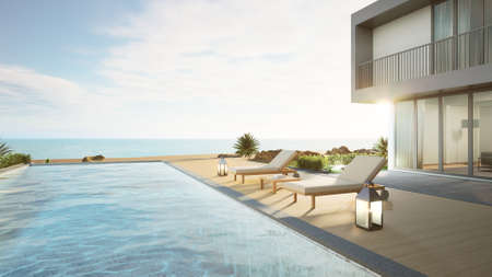 Luxury beach house with sea view swimming pool and terrace in modern design. Lounge chairs on wooden floor deck at vacation home or hotel. 3d illustration of contemporary holiday villa exterior.の写真素材