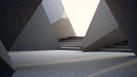 Geometric shapes structure on gray concrete floor. Abstract architecture design 3d illustration.の写真素材