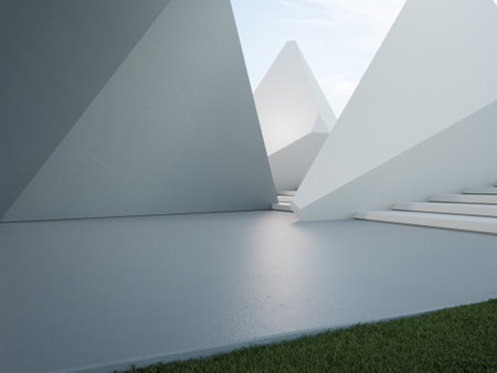 Geometric shapes structure with gray concrete floor on green grass lawn. Abstract architecture design 3d illustration.の写真素材