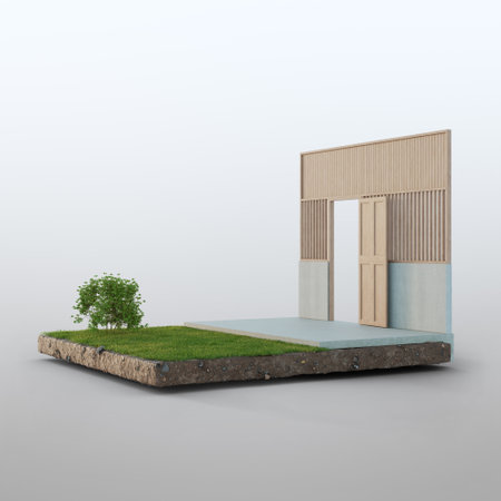 House structure with wooden wall on earth and green grass in real estate sale or property investment concept. Buying land for new home. 3d illustration of unfinished building facade.の写真素材