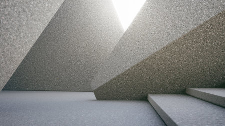 Geometric shapes structure on gray concrete floor. Abstract architecture design 3d illustration.の写真素材