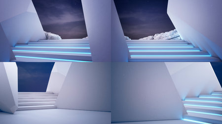 Geometric shapes structure on white concrete floor. Abstract architecture design 3d illustration.の写真素材