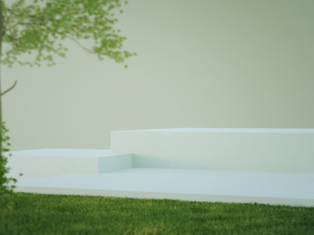 White floor on green grass in eco concept. 3d illustration of three steps podium.の写真素材
