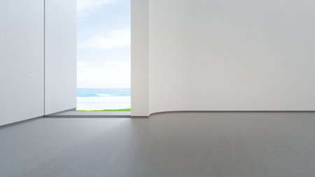 Sea view empty living room of luxury summer beach house. Curve white wall background in vacation home or holiday villa. Hotel interior 3d illustration.の写真素材