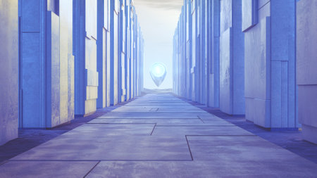 Geometric shape column with location pin icon. 3d illustration of abstract structure design for future architecture.の写真素材
