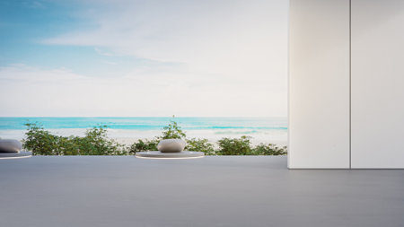 Sea view empty terrace of luxury summer beach house. Concrete floor and white wall in vacation home or holiday villa. Hotel interior 3d illustration.の写真素材