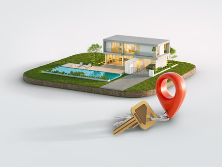 Luxury house with swimming pool isolated on empty background in real estate sale or property investment concept. Buying new home for big family. 3d illustration of residential building exterior.の写真素材