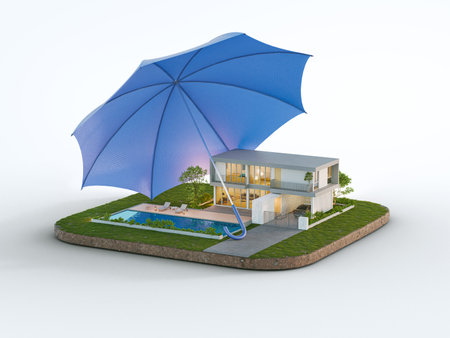 House with swimming pool isolated on empty background in real estate sale or property investment concept. Buying new home for big family. 3d illustration of residential building exterior.の写真素材