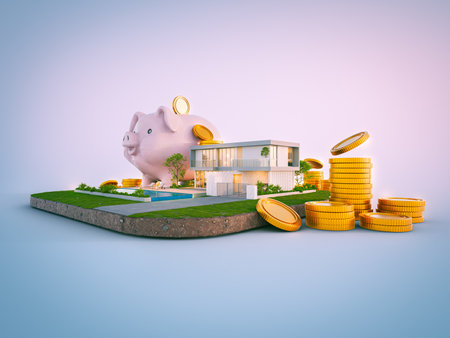 Luxury house with swimming pool near piggy bank in real estate sale or property investment concept. Buying new home for big family. 3d illustration of residential building exterior.の写真素材