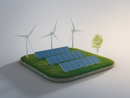 Renewable energy sources for clean world future. 3D rendering of solar panels and wind turbines on green grass field.の写真素材