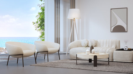 Sea view large living room of luxury summer beach house with terrace. Concrete floor and white wall in vacation home or holiday villa. Hotel interior 3d illustration.の写真素材