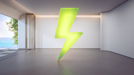 Sea view empty large living room of luxury summer beach house with terrace. Lightning icon 3d illustration on concrete floor and white wall in vacation home or holiday villa.の写真素材