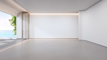 Sea view empty large living room of luxury summer beach house with terrace. Concrete floor and white wall in vacation home or holiday villa. Hotel interior 3d illustration.の写真素材