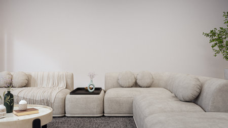 Sofa and carpet with empty white concrete wall background. Relaxing area in bright living room of...