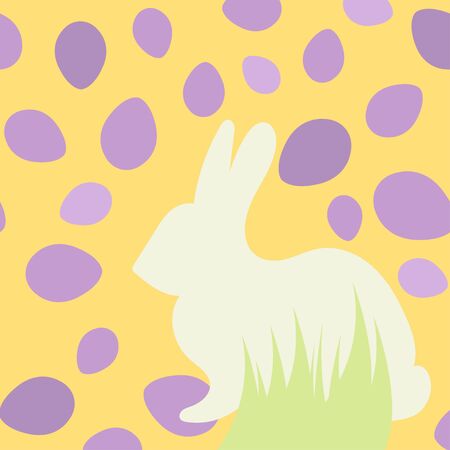 Colorful Happy Easter greeting card with rabbit, grass and eggs. Vector illustration. Flat style. Pastel colors.の写真素材