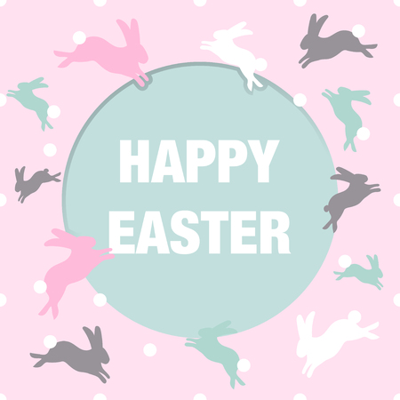 Colorful Happy Easter greeting card with rabbit, bunny and text. Vector illustration. Flat style. Pastel colors.の写真素材