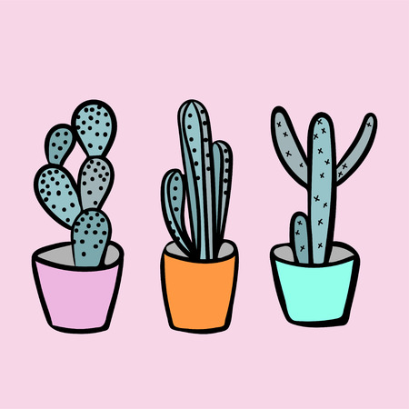Three cactus in colored pots on a pink background. Punchy pastels.のイラスト素材