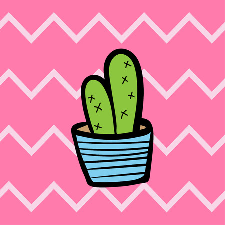 Cactus in a blue pot on a pink background. Zigzag pattern.の写真素材