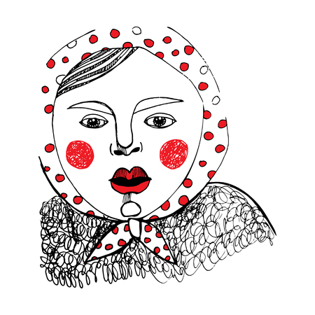 Hand drawn sketch. Plump girl with red lips and cheeks and a red polka dot scarf on her head. Vector illustration.の写真素材
