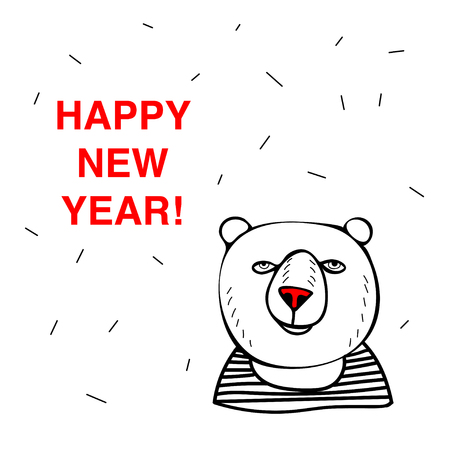 Happy New Year Red Nose Bear. Doodle vector illustration.のイラスト素材