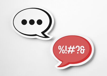 Getting mad, upset or angry over a troll comment or forum post. 2 speech bubbles having fight and disagreement online. Outrageous and rude. Internet trolling, provoke, bullying or argument concept.の写真素材