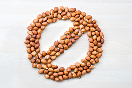 Peanut allergy. Stop, forbidden, prohibited and banned sign and symbol formed with nuts on white...