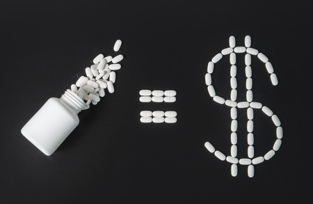 Making money in pharmaceutical industry or high medical expenses. Pill bottle equals dollar sign...