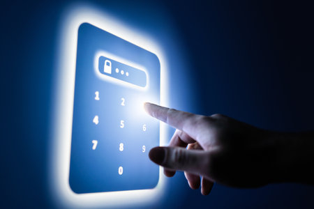 Password number in abstract lock screen. Data protection technology in future. Cyber security from online fraud, identity theft or digital crime. Passcode to access futuristic computer. Tech safety.の写真素材