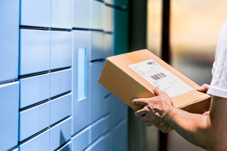 Parcel locker and package delivery service machine. Collect packet at mail storage station at post office. Man holding a box in hand. Blue shipment terminal automat pick up. Courier or customer.の写真素材