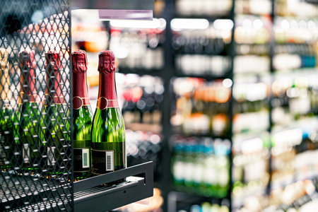 Sparkling wine on liquor store shelf. Champagne bottle on display in alcohol shop. Beverage section of supermarket. Cheap discount or expensive price. Prosecco for celebration. Italian or French drinkの写真素材