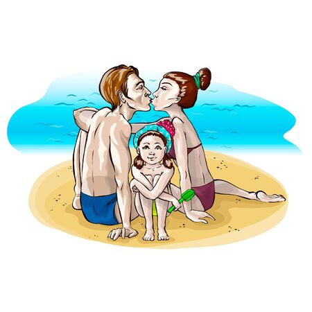 Family mother and father with daughter on a beach, sand and the seaのイラスト素材