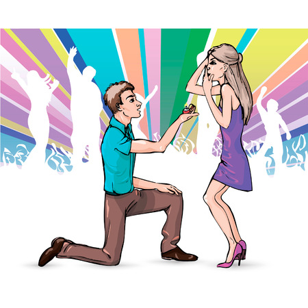 The guy suggests the girl to get married in night club, proposes marriage hands and heartsのイラスト素材