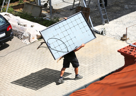 Installation of semitransparent solar modulesの写真素材