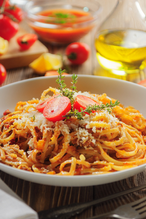 Spaghetti bolognese on white plateの写真素材