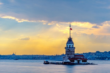 Sunset in Istanbul, Turkey. View of the Maiden Tower and the Bosphorusの写真素材