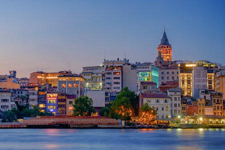July 20, 2018, Sunset in Istanbul, Turkey. Night View of the Galata Towerのeditorial素材