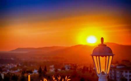 Selcuk, Turkey. Panorama of the view of the city and the mountains at sunset.