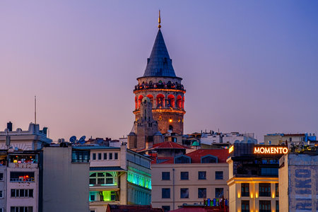 July 20, 2018, Sunset in Istanbul, Turkey. Night View of the Galata Towerのeditorial素材
