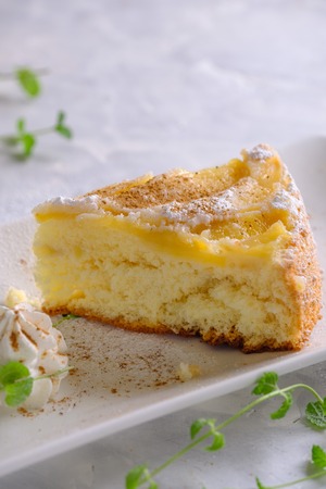 Fragrant charlotte with fresh apples and powdered sugar.の写真素材