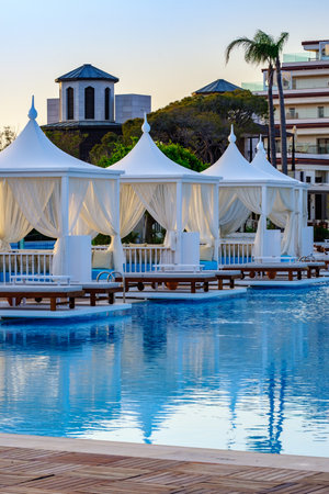 Antalya, Turkey. May 20, 2019. Hotel Mardan Palace. View of the bungalow near the pool. View of the hotelのeditorial素材