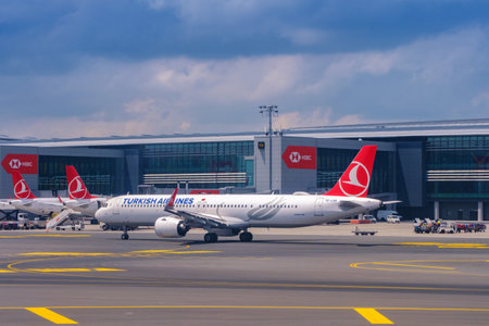 Istanbul, Turkey. July 17, 2019. Turkish Airlines Airbus A-320 is preparing to depart from Istanbul Airportのeditorial素材