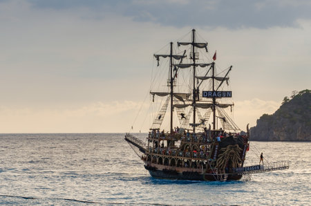Oludeniz, Turkey - July 17, 2019. Pirate ship sailing in the Mediterranean. People rest on the ship.のeditorial素材