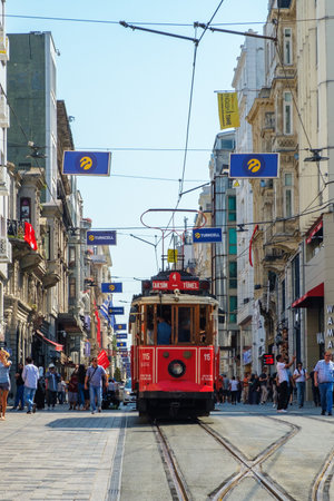 Istanbul, Turkey, July 23, 2019. Restro tram on Istiklal street, people walk along the streetのeditorial素材