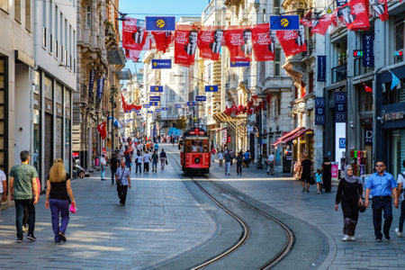 Istanbul, Turkey, July 23, 2019. Restro tram on Istiklal street, people walk along the streetのeditorial素材