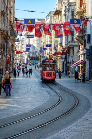 Istanbul, Turkey, July 23, 2019. Restro tram on Istiklal street, people walk along the streetのeditorial素材