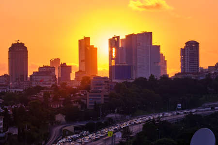 Istanbul. View of the modern city and the beginning of the Bosphorus bridge at sunsetの写真素材