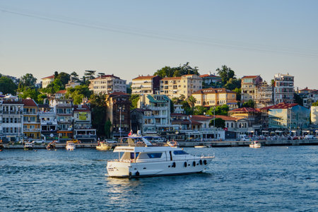 Turkey, Istanbul, Arnavutkoy - 14 Jule 2021. The coast of the Bosphorus, yachts and motor boats,...