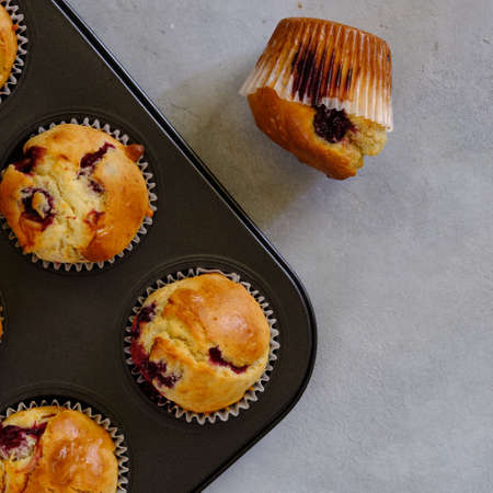 Fragrant lemon muffins with cherry in the form for baking on a gray background close-upの写真素材