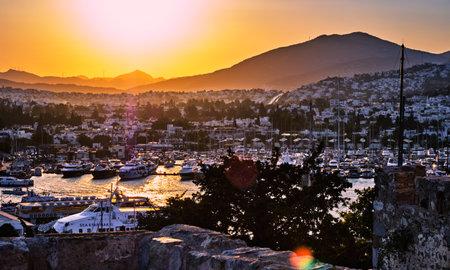 View of Marina, Yachts and boats in the Aegean Sea at sunset, July 10, 2022, Bodrum, Turkey. Seascapeのeditorial素材